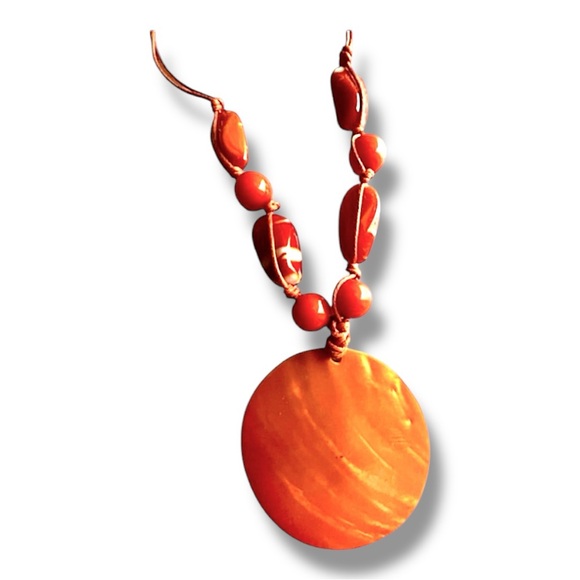 VINTAGE orange Beaded Necklace with Mother of Pearl Shell 8” - Picture 12 of 12